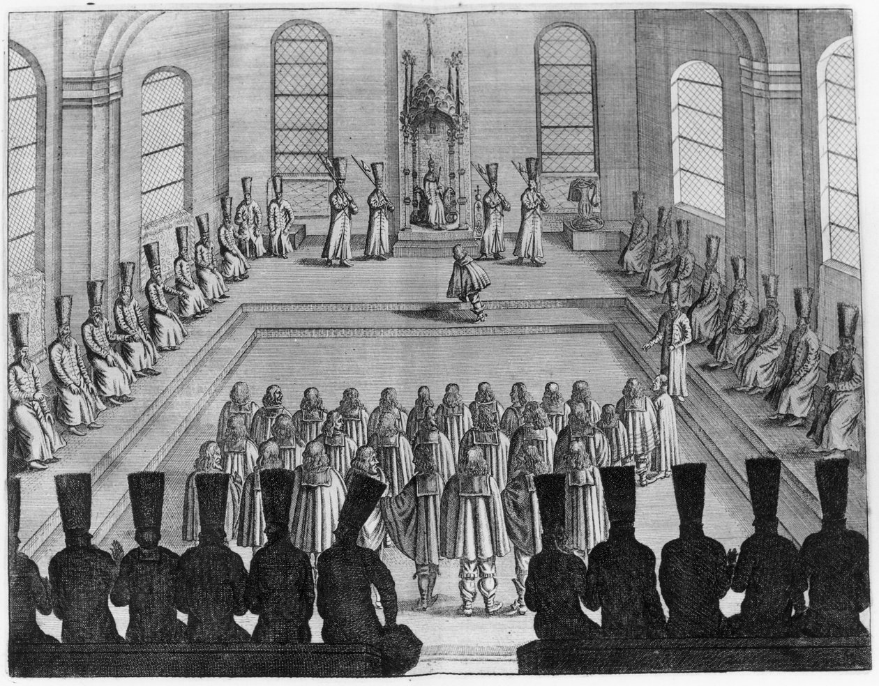 El Zar Alexei I Mikhailovich (1629-76) recibe una embajada del Oeste, del volumen I de Viajes muy curiosos y muy renombrados hechos en Moscovia, Tartaria y Persia por Adam Olearius, traducido por Wicq de French School