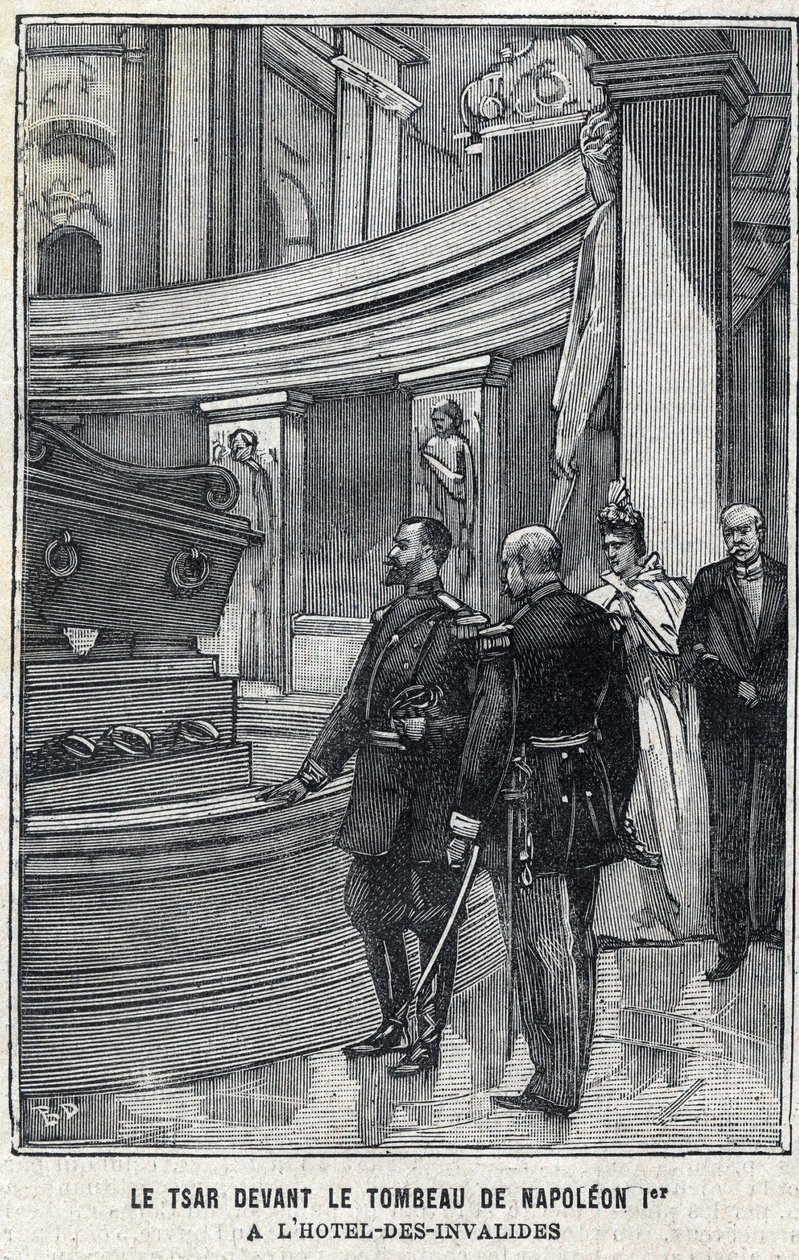 El zar Nicolás II de Rusia (1868-1918) y la zarina Alexandra Fiodorovna Romanova (1872-1918) frente a la tumba de Napoleón I Bonaparte en el Hotel des Invalides en París, en "Le Petit Parisien" de French School