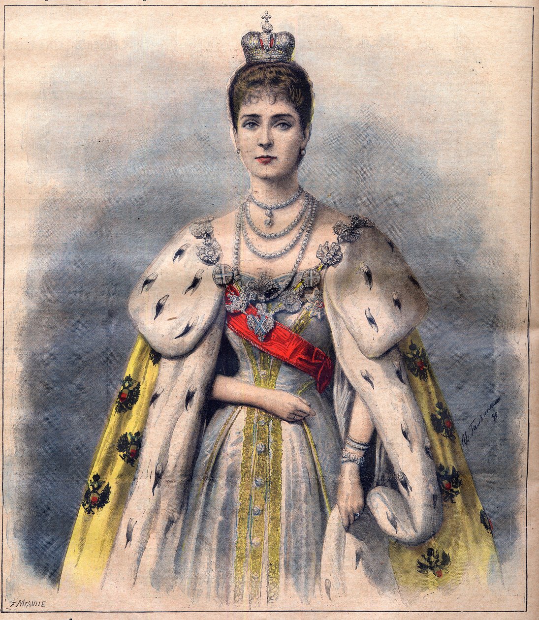 La zarina Alexandra de Rusia en sus ropas de coronación - La zarina Alexandra Fiodorovna en el traje sagrado. Ilustración para Le Petit Journal, 24 de mayo de 1896 (grabado) de French School