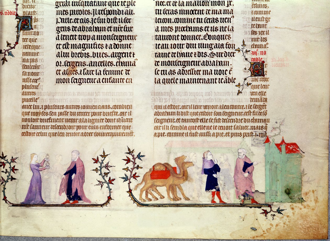 Dos escenas de la historia de Rebeca en el pozo, de La Biblia de Jean de Sy, c.1355 de French School