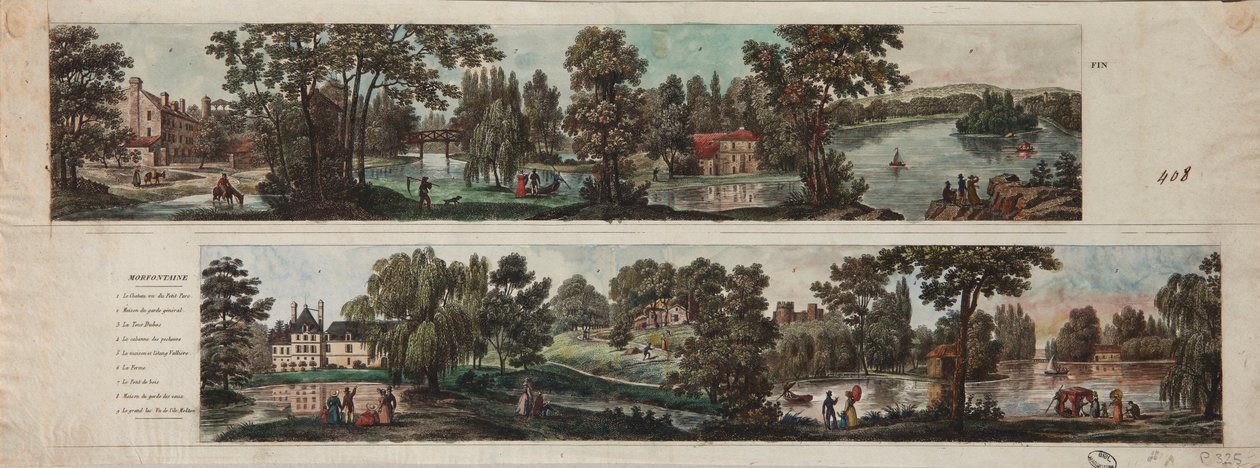 Dos vistas del Parque Mortefontaine con leyendas de French School