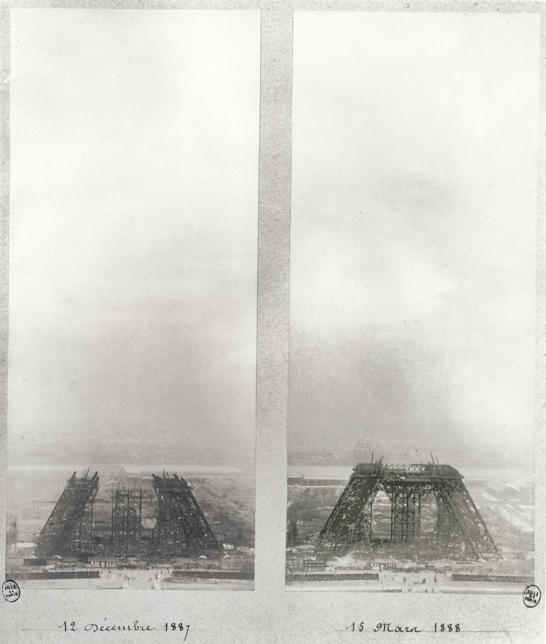 Dos vistas de la construcción de la Torre Eiffel, París, 12 de diciembre de 1887 y 15 de marzo de 1888 de French School