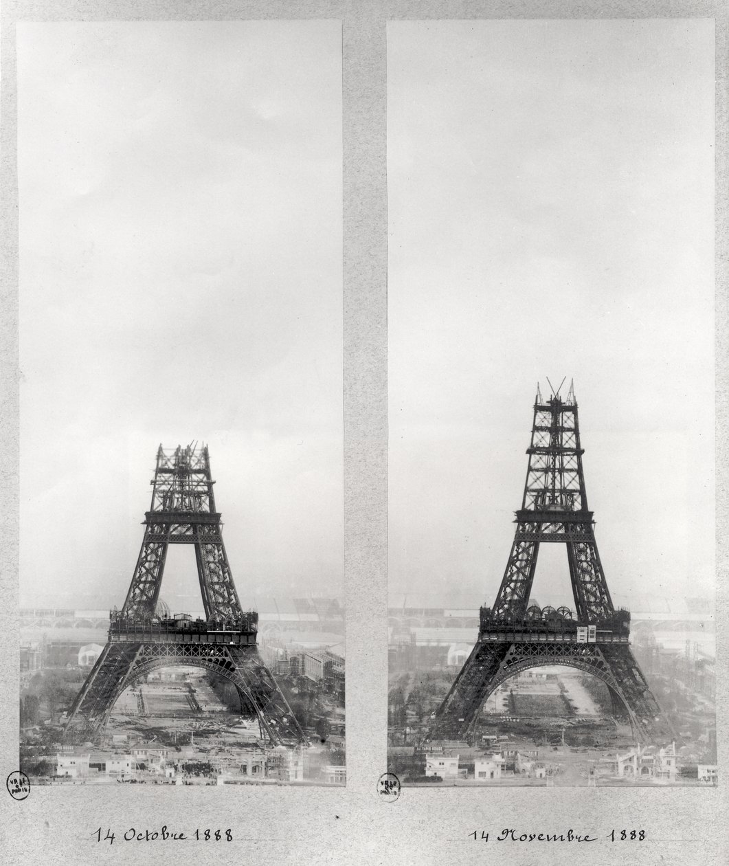 Dos vistas de la construcción de la Torre Eiffel, París, 14 de octubre y 14 de noviembre de 1888 de French School