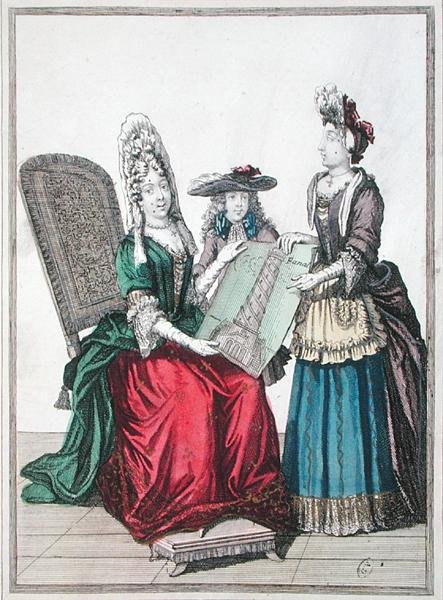 Dos mujeres y un niño admirando una impresión del Gran Faro de Alejandría, finales del siglo XVII de French School
