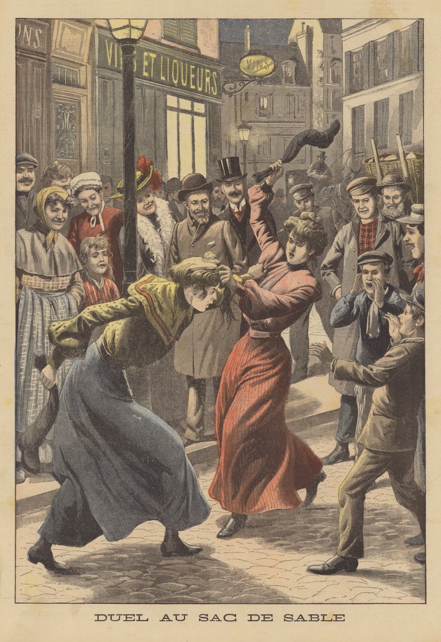 Dos mujeres peleando con medias llenas de arena (litografía en color) de French School
