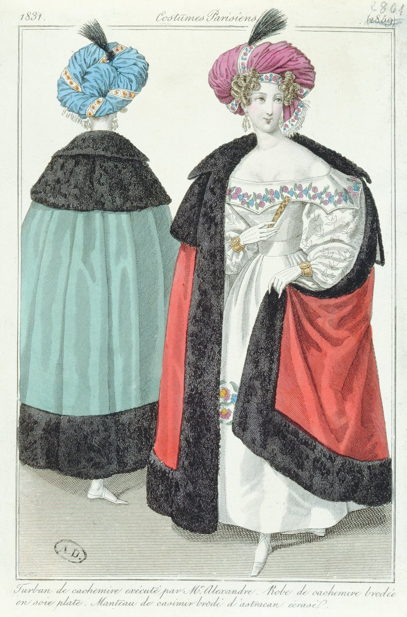 Dos mujeres con turbantes, vestidos y capas de cachemira, de Costumes Parisiens, 1831 de French School