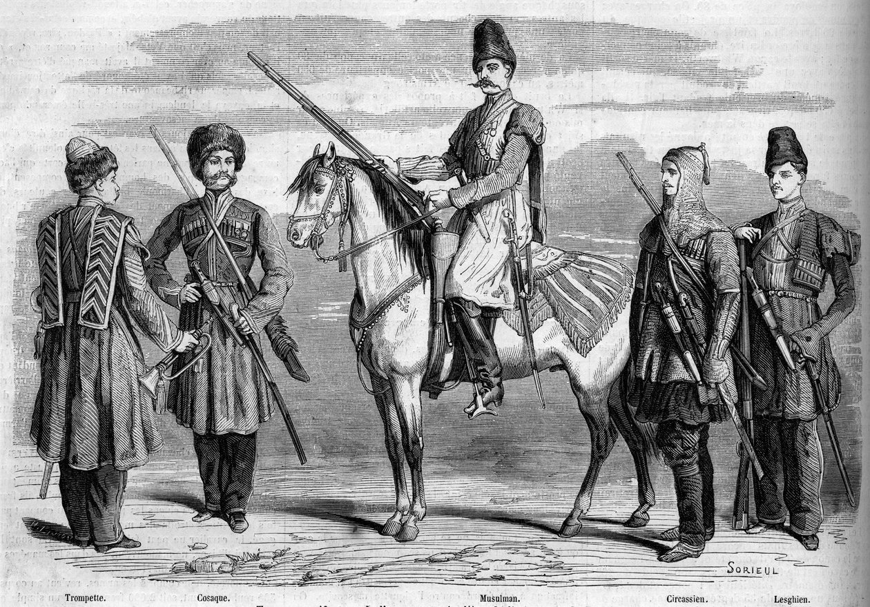 Tipos y uniformes de la escolta especial del emperador de Rusia. De izquierda a derecha: Trompeta, Cosaco, Musulmán, Circassiano y Lesghiano. Grabado en "Le Monde Illustré" n°153 del 17 de marzo de 1860. de French School