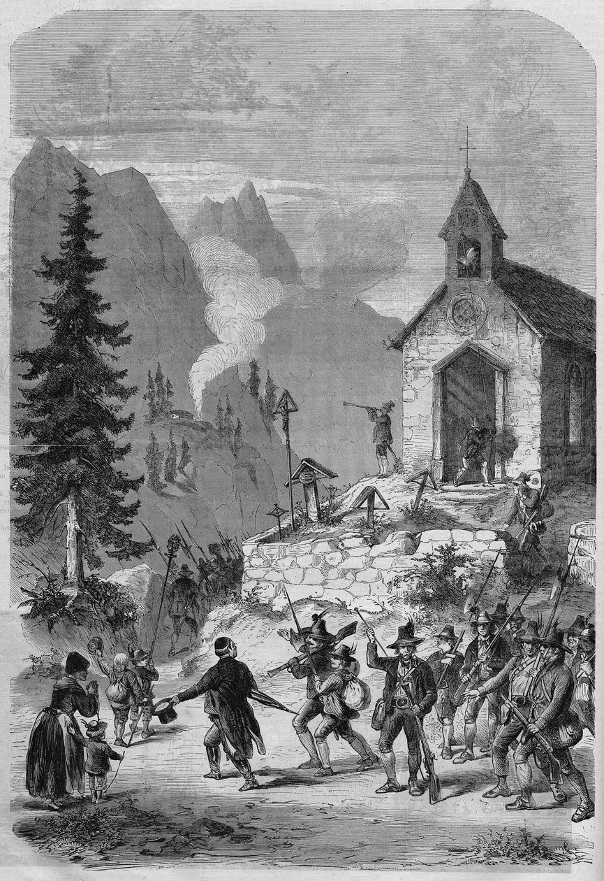 Tirol, escena del regreso de las tropas tirolesas del ejército austríaco, en octubre de 1866. Grabado de French School