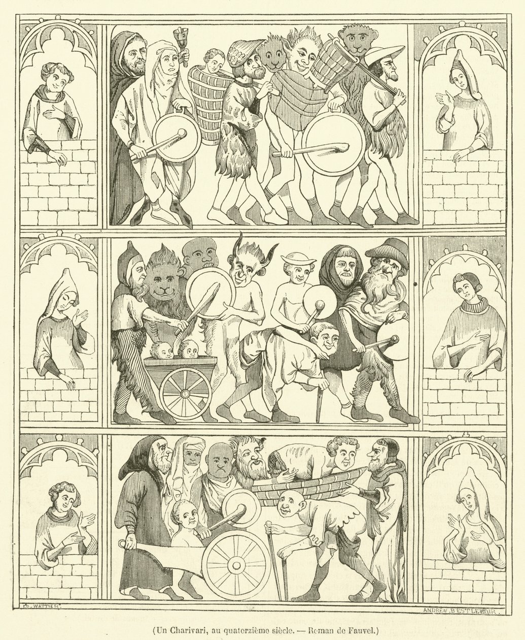 Un Charivari, au quatorzieme siecle, Roman de Fauvel (grabado) de French School