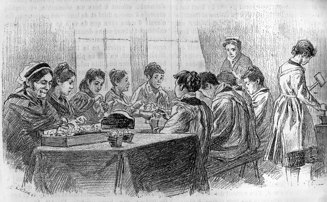 Un taller de jóvenes idiotas en la Salpêtrière en París, en "El diario de la juventud" 1887. de French School