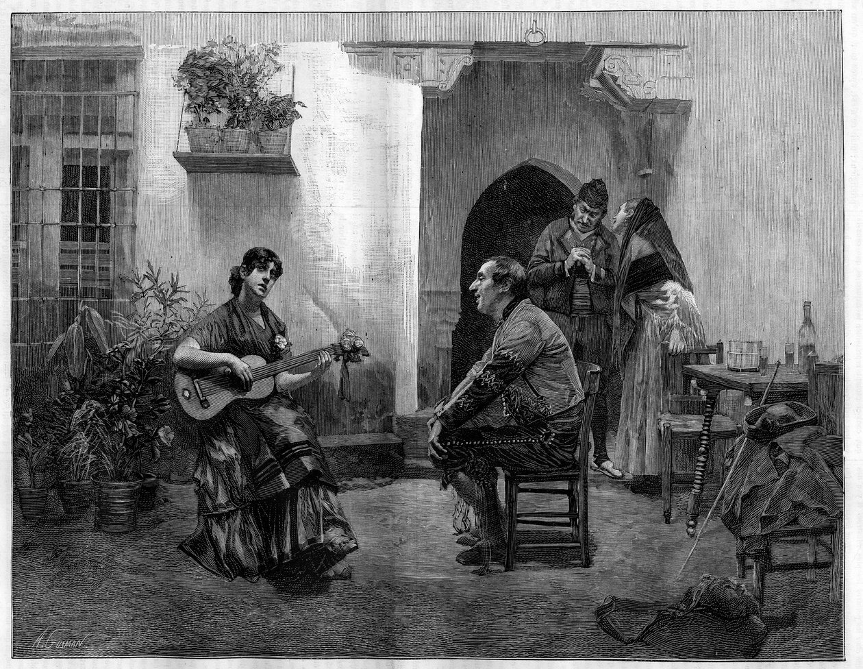Bajo el hechizo: un hombre escucha con admiración a una joven española tocando la guitarra. Grabado después de la pintura de Jules Worms (1832-1914) en "The Illustrous World", 1 de mayo de French School