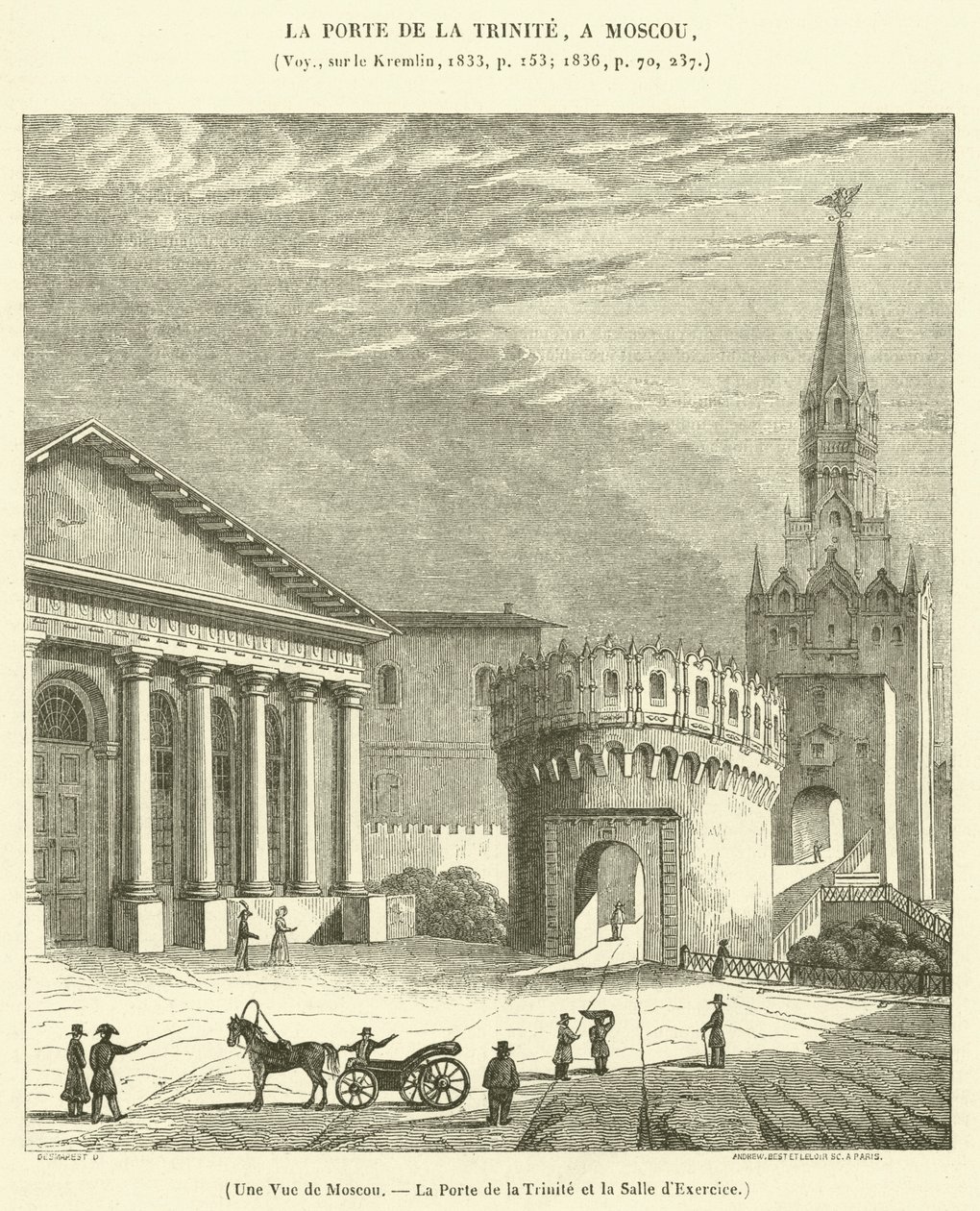 Vista de Moscú, la Puerta de la Trinidad y la Sala de Ejercicios (grabado) de French School