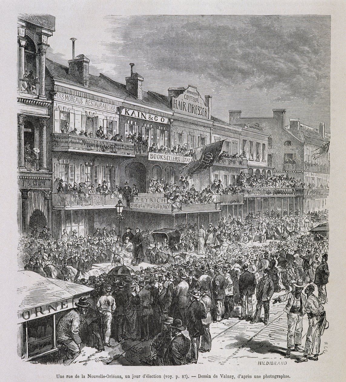 Una calle de Nueva Orleans en el día de las elecciones 1875 - en "Le Tour du Monde", 2º semestre 1876 de French School
