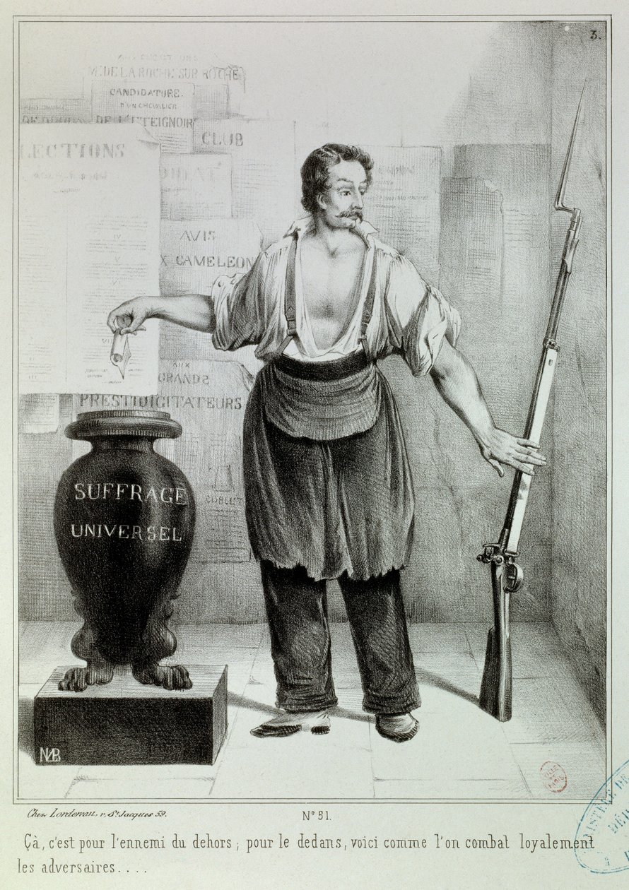 Sufragio universal "el voto o el rifle". El voto debe luchar contra el enemigo en lugar del rifle. Grabado por M.L. Bosredon, abril de 1848. París, Museo Carnavalet de French School