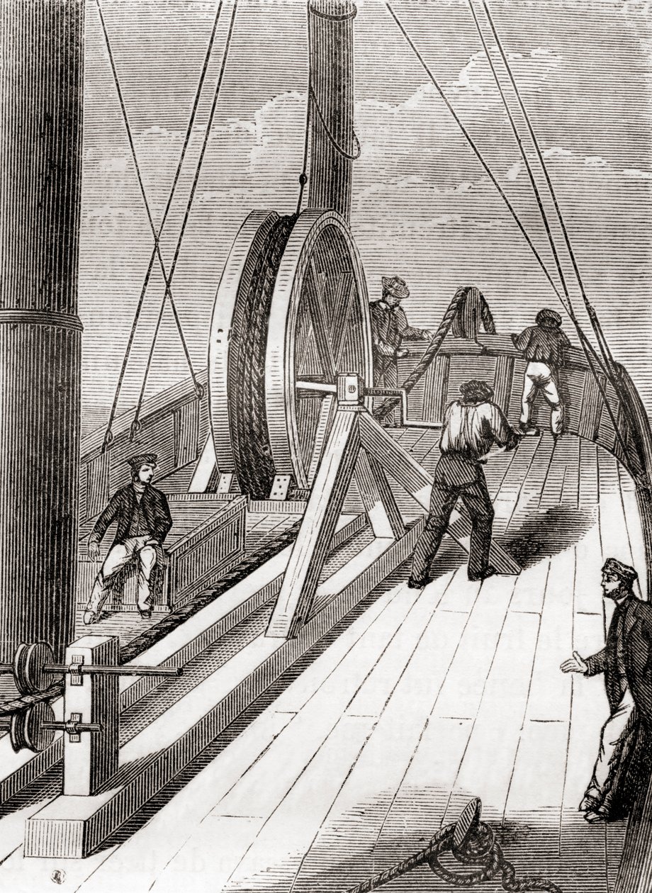 Desenrollando el cable submarino de Dover a Calais a bordo del Blazer, 25 de diciembre de 1851, de Les Merveilles de la Science, publicado c.1870 (grabado) de French School