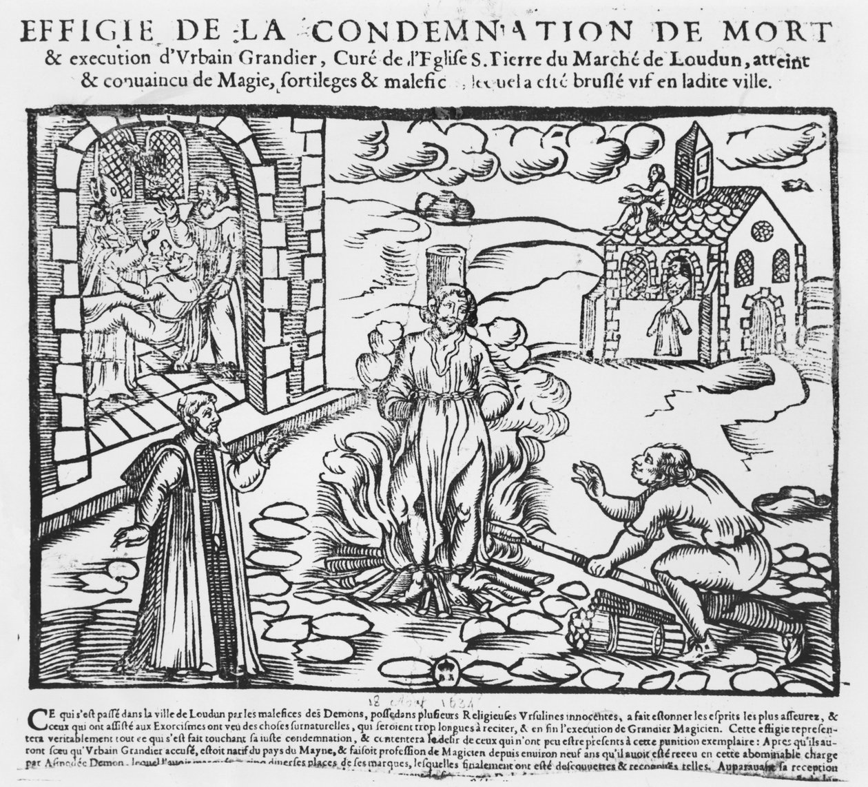 Urbain Grandier quemado en la hoguera después de los eventos de la posesión de Loudun, 1634 de French School