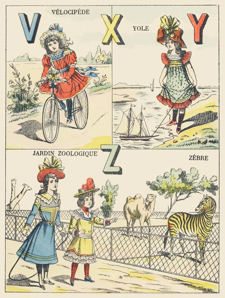 V X Y Z: velocípedo, yola, jardín zoológico, cebra de French School