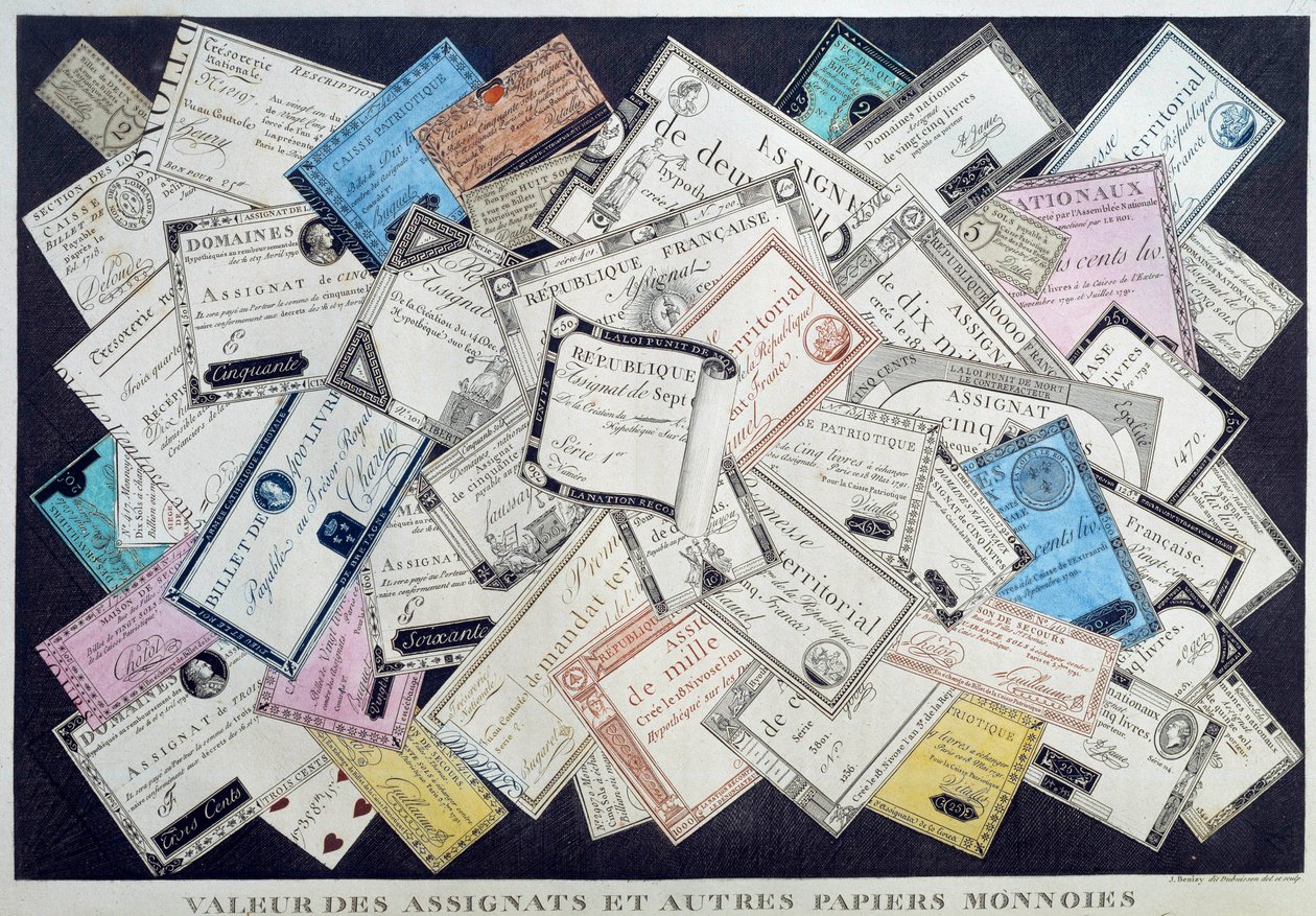 Valor de los asignados y otras monedas de papel durante la Revolución Francesa. Siglo XVIII de French School