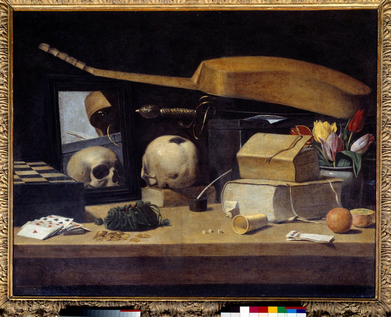 Vanitas Naturaleza muerta con baraja de cartas, instrumento y calavera de French School