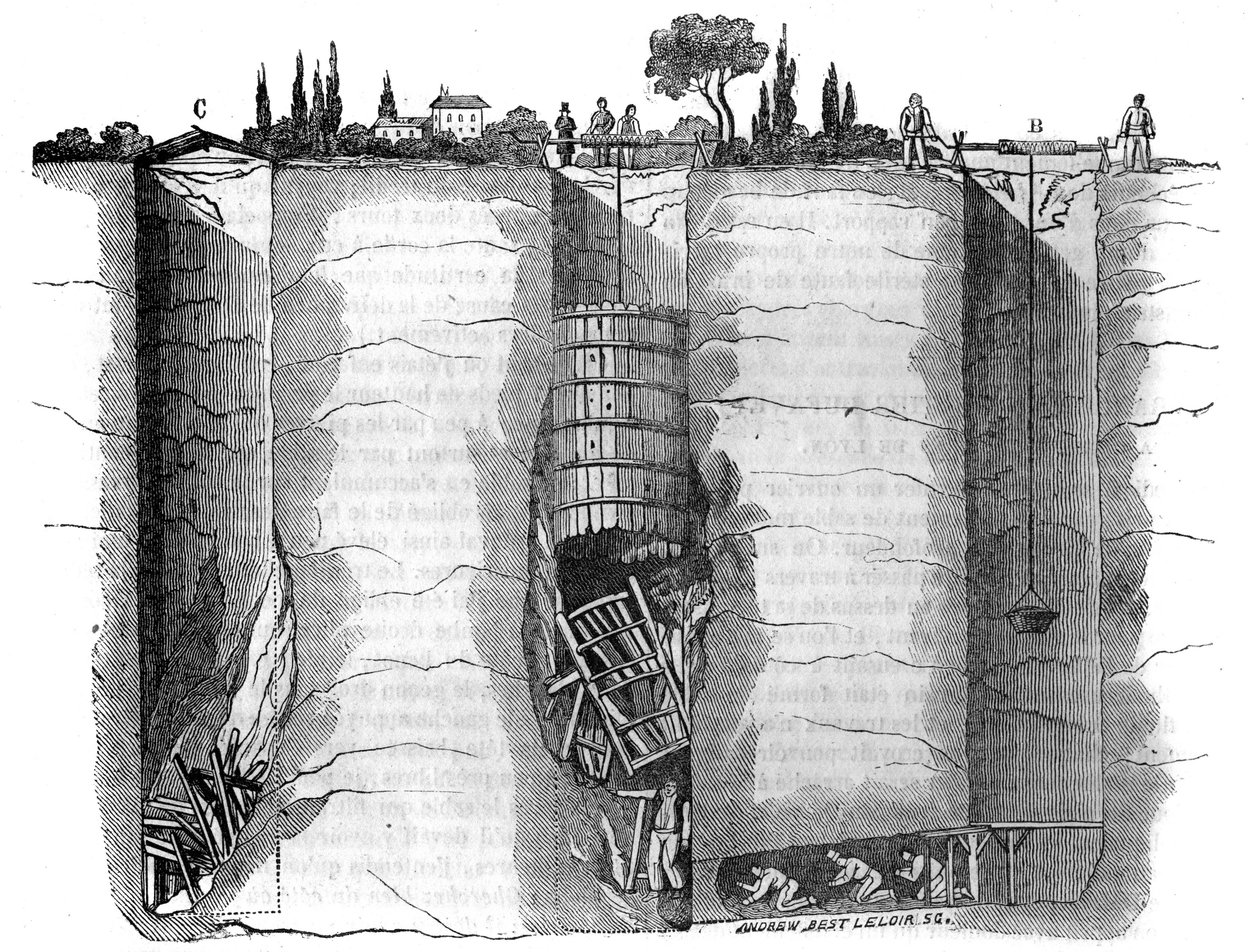 Hechos diversos: corte del pozo y los pozos de rescate utilizados para liberar a un trabajador atrapado después de un deslizamiento de tierra durante varios días, Champvert, cerca de Lyon. En "La tienda pintoresca" 1836 de French School