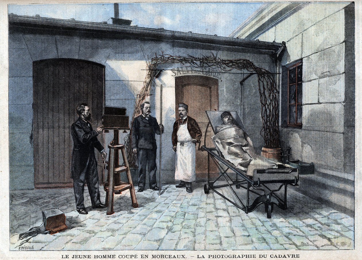 Hechos diversos: la fotografía del cadáver cortado en pedazos por el servicio de Alphonse Bertillon (1853-1914), un científico francés, creador de la antropometría. - en "Le Petit Parisien" de French School