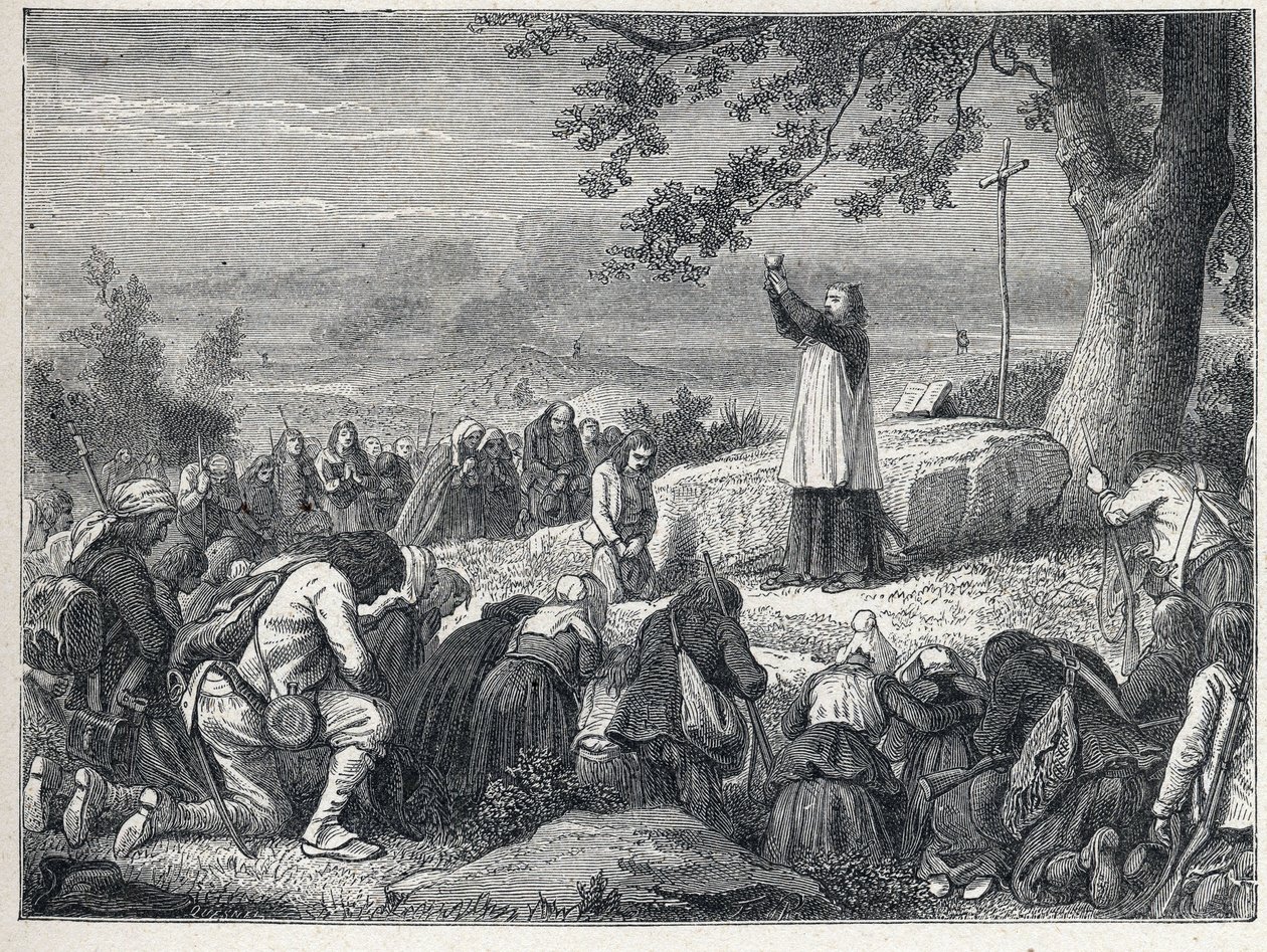 Guerras de Vendée (1793-1796): sacerdote inserta celebrando una misa bajo un roble para la población insurgente que rechaza a los sacerdotes jurados. Grabado de 1889. Colección privada de French School
