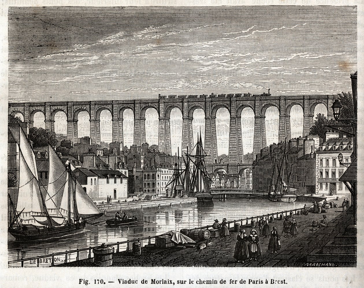 Viaducto de Morlaix, en el ferrocarril de París a Brest (Francia). Grabado por Lebreton y Marchand, en 