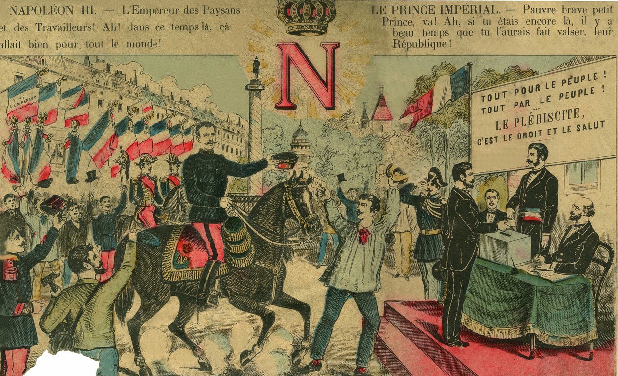 Víctor Napoleón (1862-1926) al frente de los partidarios bonapartistas, el último heredero de Napoleón I tuvo que exiliarse tras una ley aprobada por la Tercera República en 1886. Grabado en “Le Figaro, suplemento”, el 30/03/1889, París. de French School