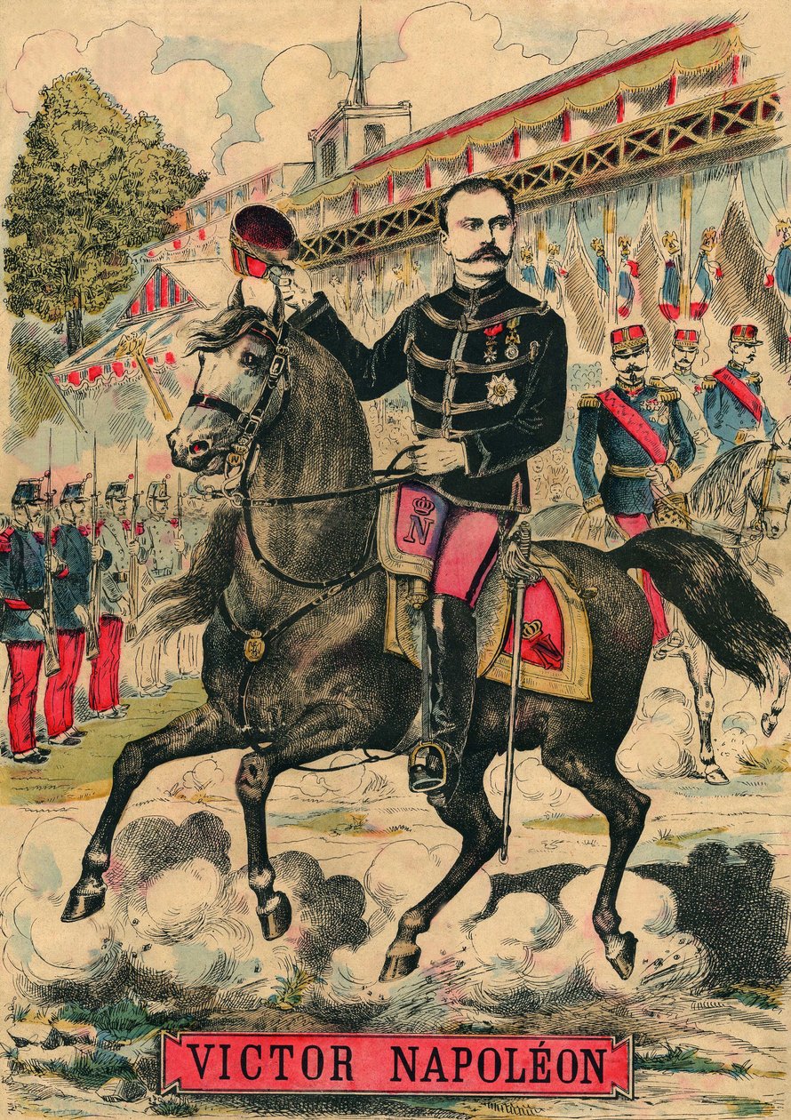 Victor Napoleón (1862-1926) a la cabeza de los partidarios de los Bonapartistas, el último heredero de Napoleón I tuvo que exiliarse a raíz de una ley aprobada por la Tercera República en 1886. Grabado, en "Le Figaro, suplemento", el 30/03/1889, París. Col de French School