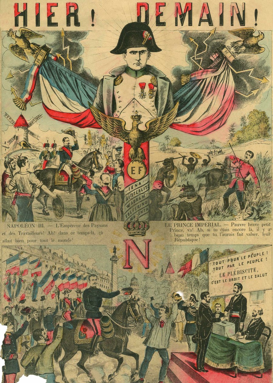 Victor Napoleón (1862-1926) a la cabeza de los partidarios de los Bonapartistas, el último heredero de Napoleón I tuvo que exiliarse a raíz de una ley aprobada por la Tercera República en 1886. Grabado, en "Le Figaro, suplemento", el 30/03/1889, París. de French School
