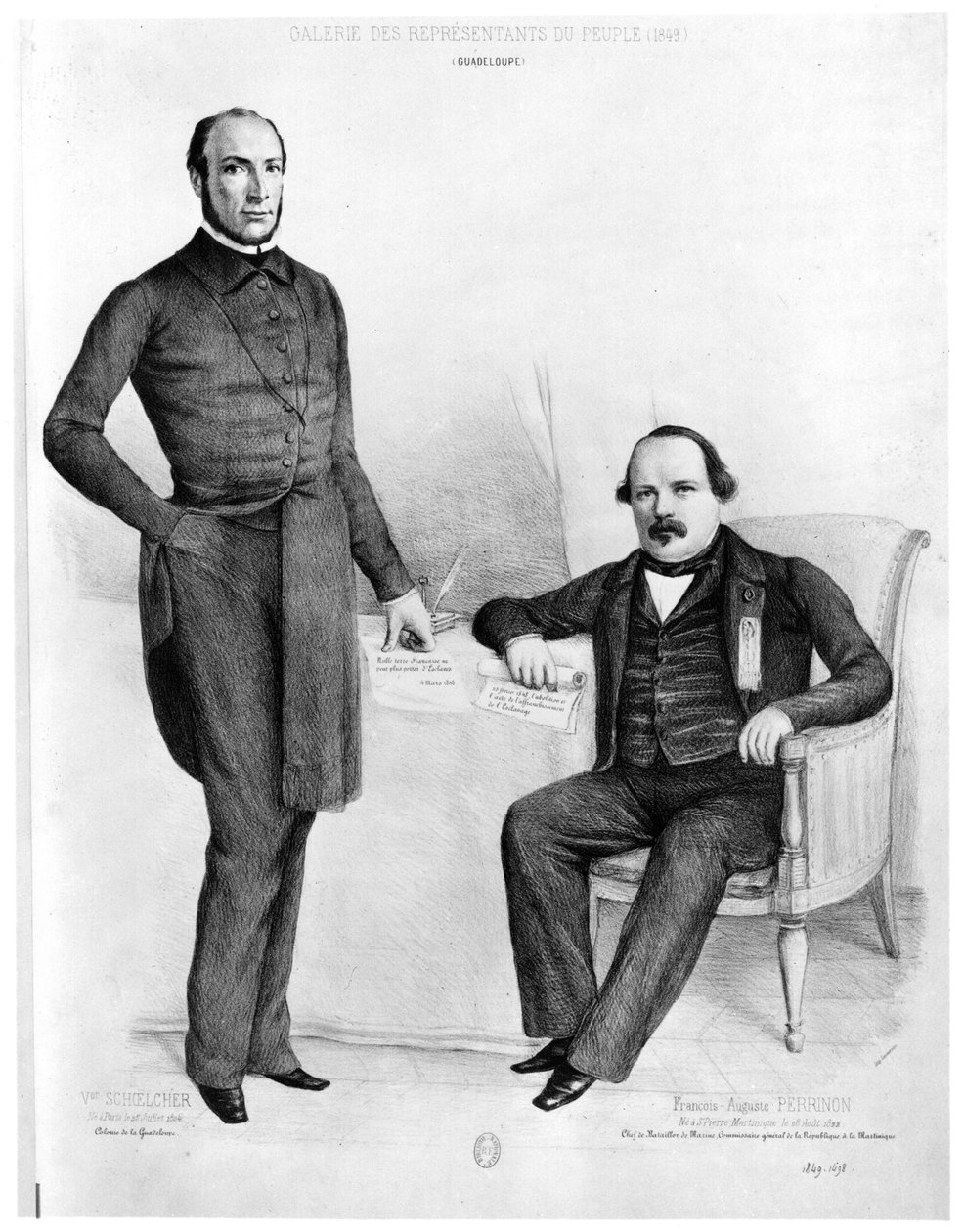 Victor Schoelcher (n.1804) y François-Auguste Perrinon (n.1822) diputados de Guadalupe y Martinica, 1849 de French School