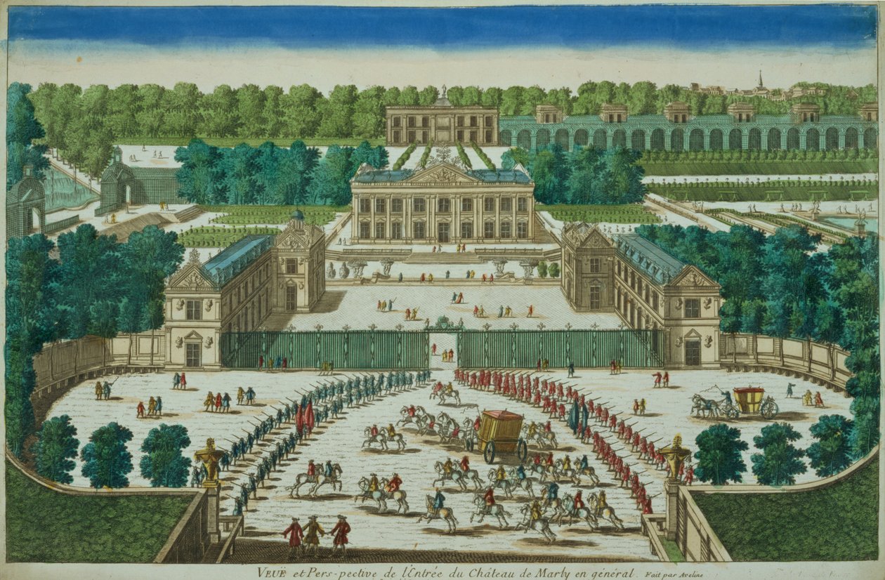 Vista y perspectiva de la entrada al Chateau de Marly, grabado por Antoine Aveline de French School