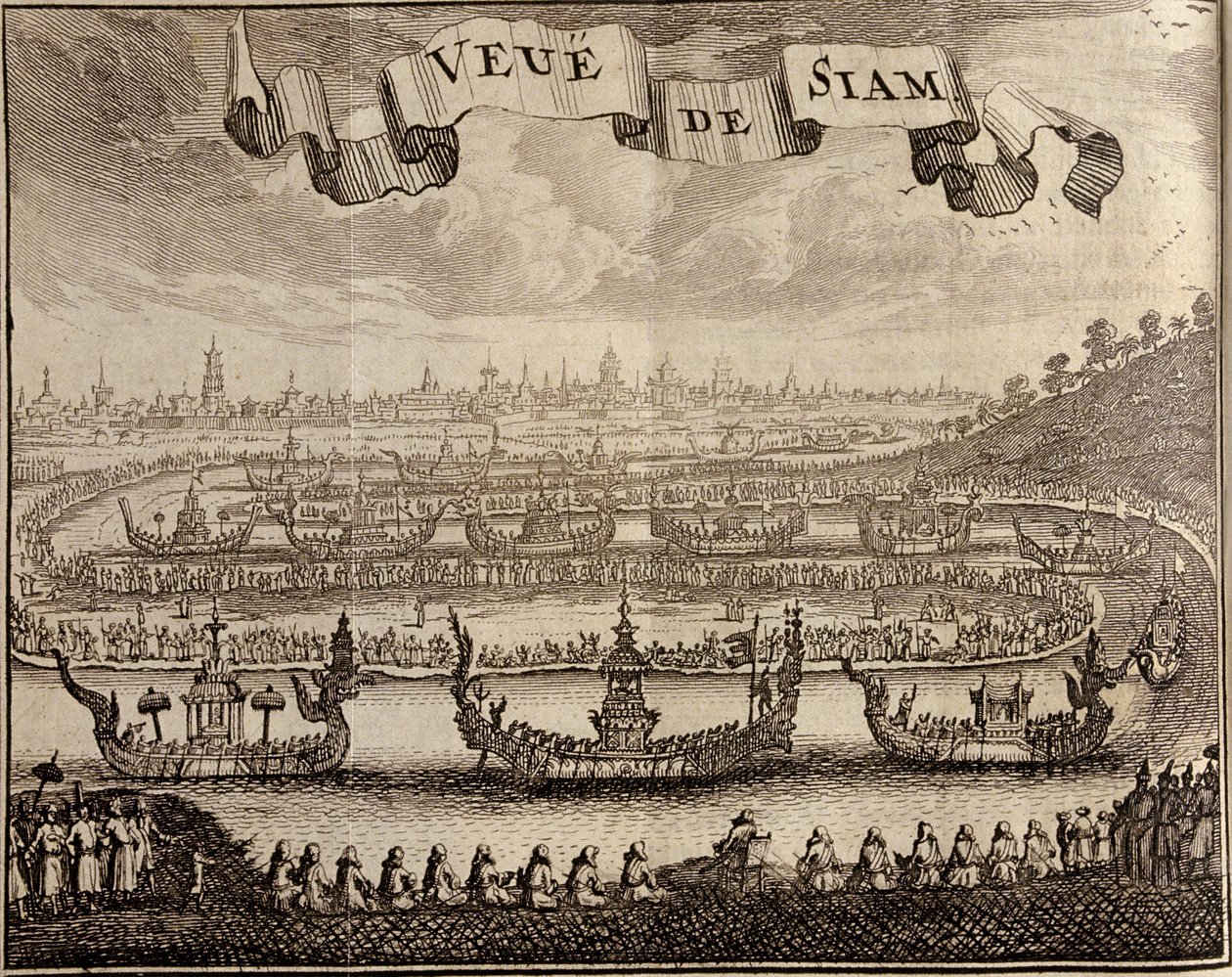 Vista de Ayutthaya con barcazas reales, de Voyage du Siam des Peres Jesuites por Guy Tachard, 1688 de French School