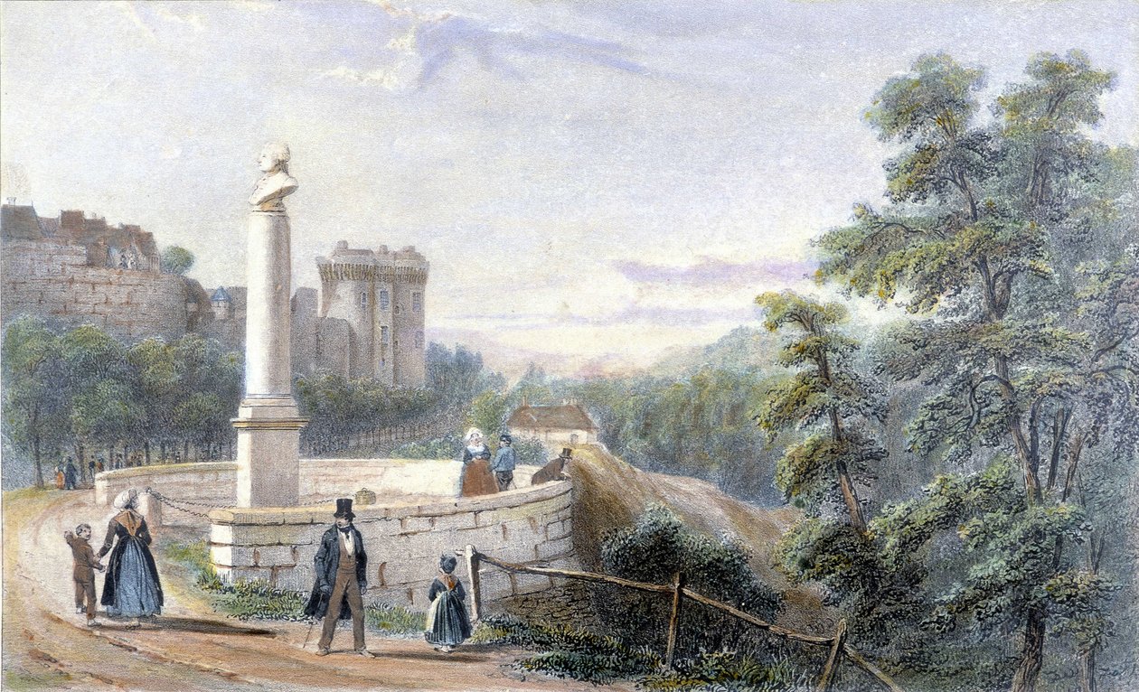 Vista del castillo de Dinan y de la estatua de Duclos Pinot. Ilustración del siglo XIX conservada en el Museo de Dinan. de French School