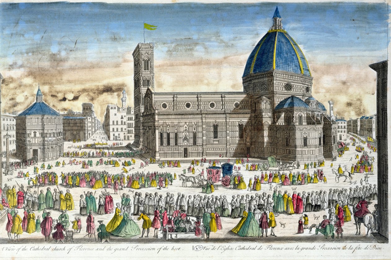 Vista de la Catedral de Florencia y la Gran Procesión del Host de French School