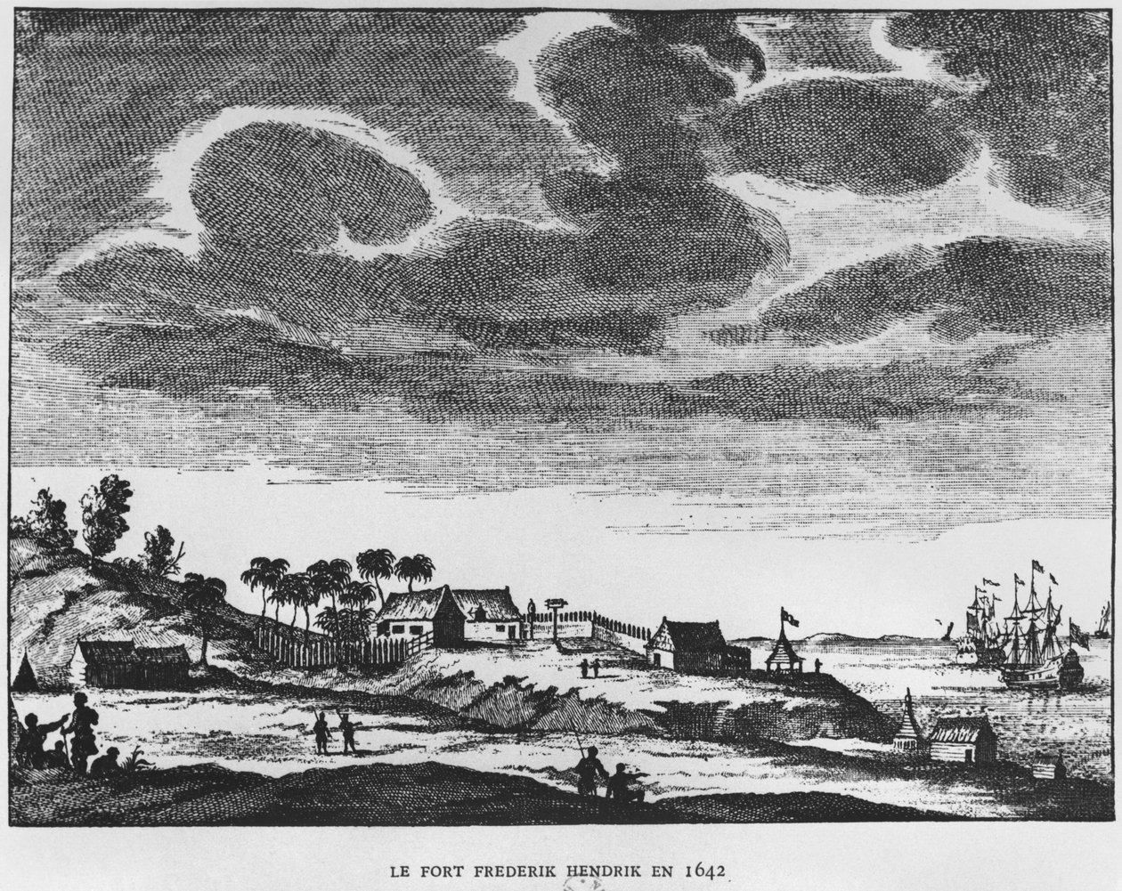 Vista de Fort Frederik Hendrik, Mauricio, en 1642, ilustración de Le Premier Etablissement Neerlandais a Maurice por el Príncipe Roland Bonaparte, 1890 de French School