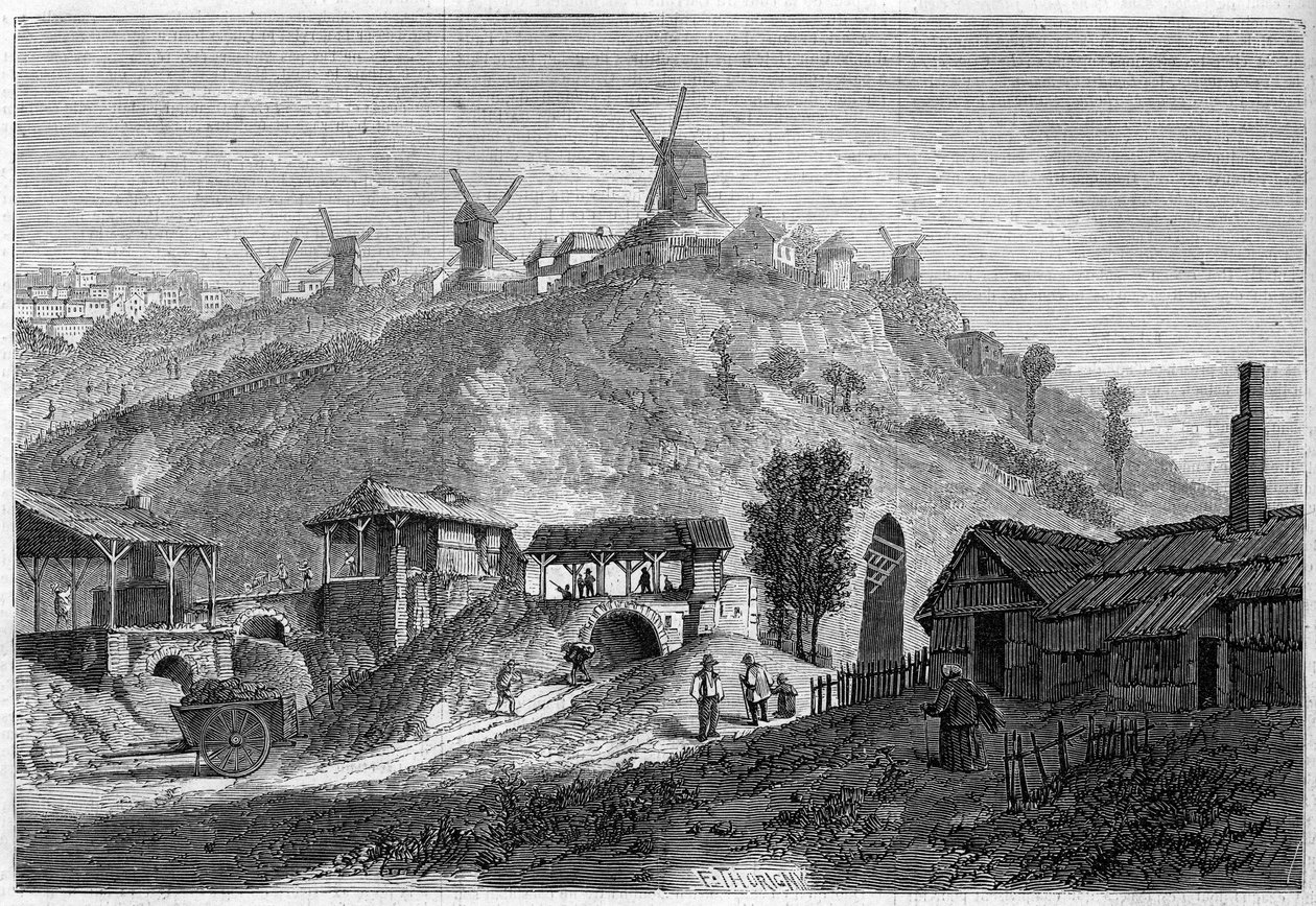 Vista de Montmartre en 1859, antes de unirse a la ciudad de París en 1860. Vista tomada desde la llanura Saint Denis. Grabado en “Le Monde Illustré” n°141 del 24 de diciembre de 1859. de French School