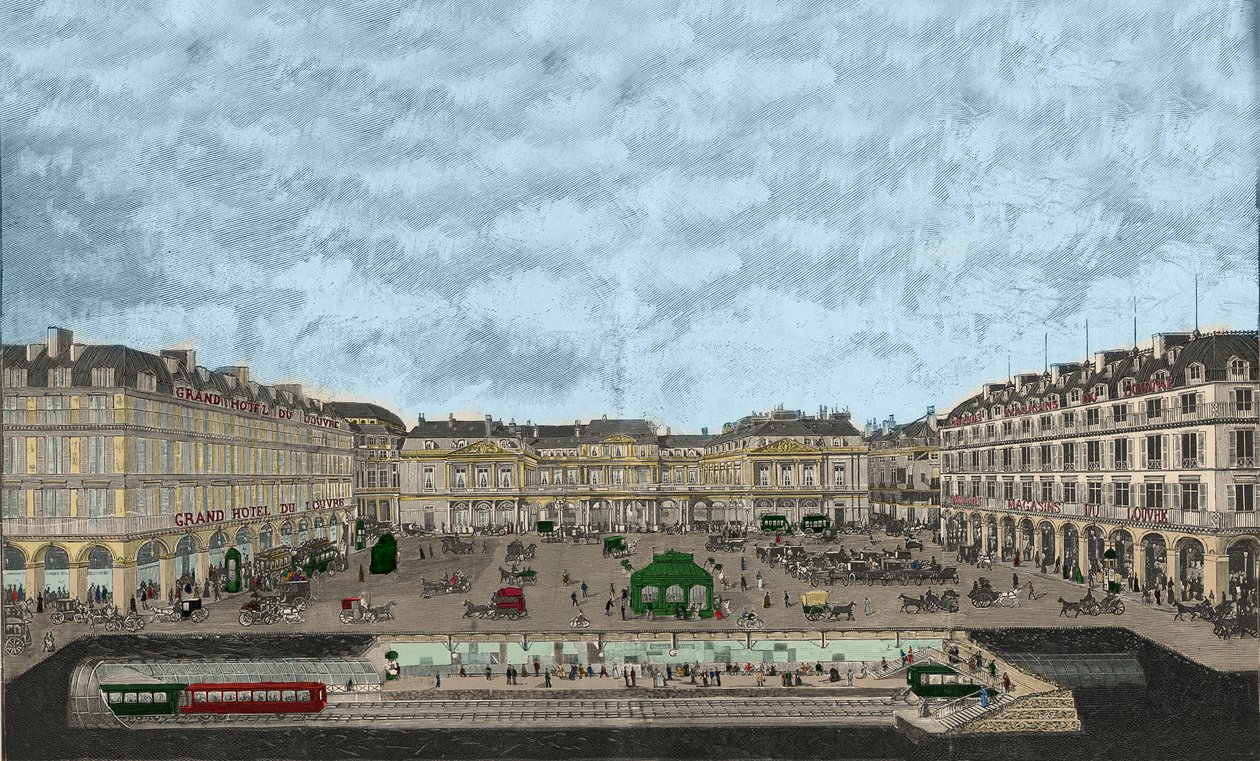 Vista del Palais-Royal y la Rue de Rivoli con una sección transversal de la estación de metro 1898 de French School
