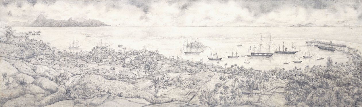 Vista de Papeete, Tahití, con vista al puerto hacia Moorea, mediados del siglo XIX de French School