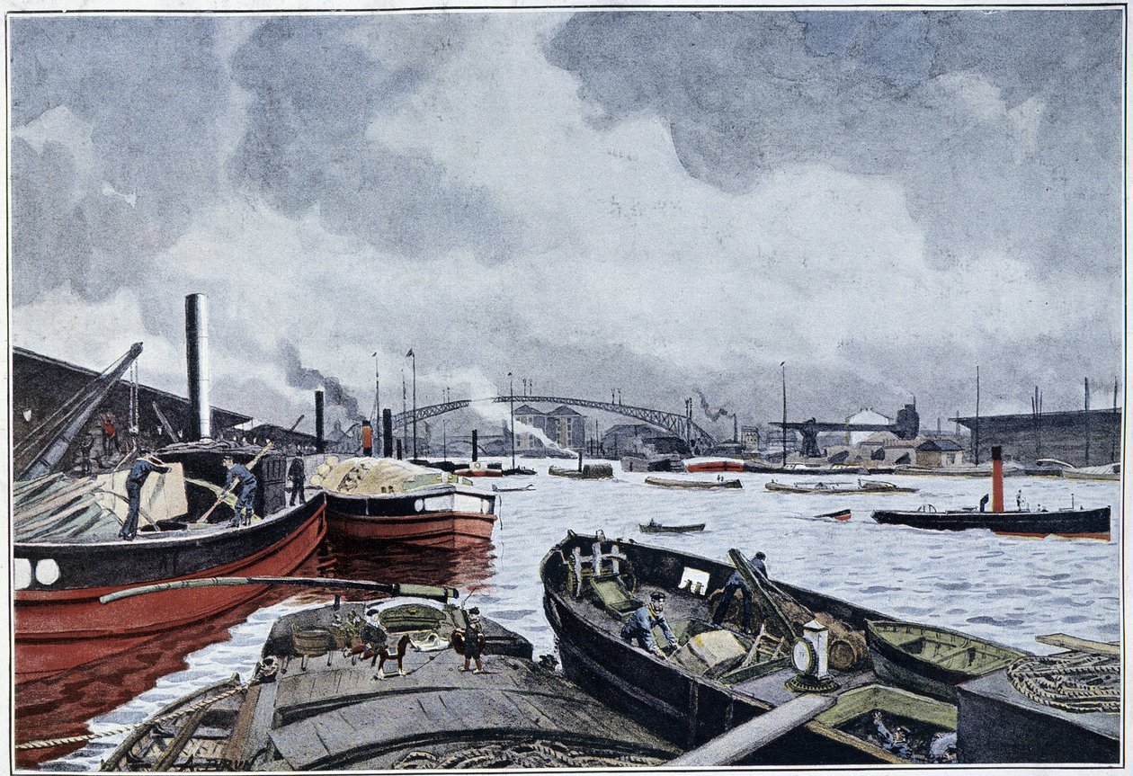 Vista de París, el Sena y el estanque de la Villette, acuarela de Brun. 1889 de French School