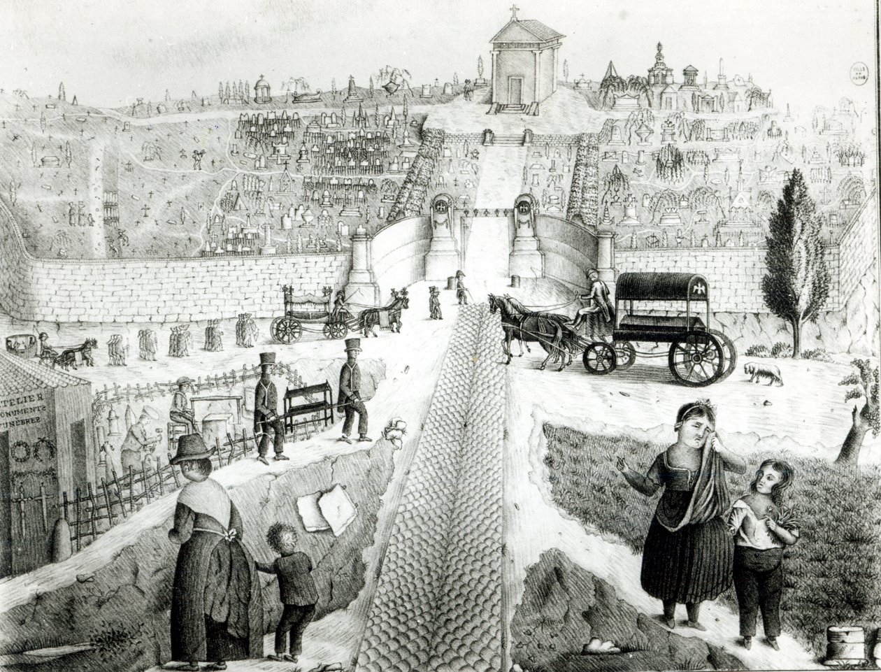 Vista del Cementerio de Père-Lachaise, principios del siglo XIX de French School