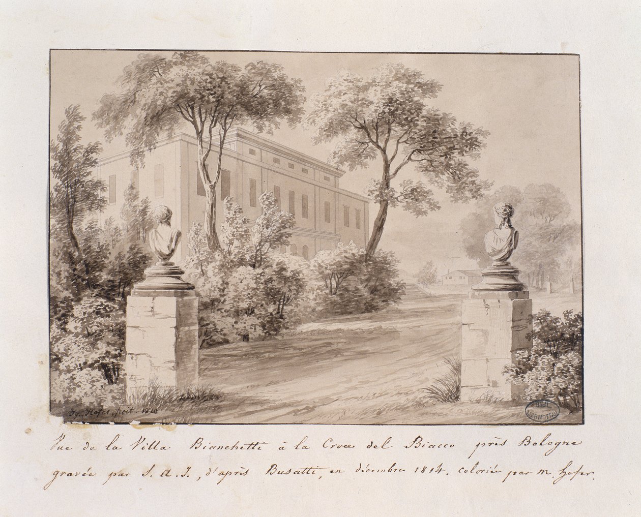 Vista de Villa Bianchetti en Croce del Biacco cerca de Bolonia, grabado por S.A.I. después de Busatti, coloreado por M. Hofer, diciembre 1814 de French School