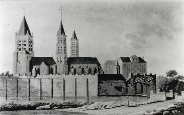 Vista de la Abadía de Saint-Germain-des-Prés a principios del siglo XV (litografía) (foto en blanco y negro) de French School
