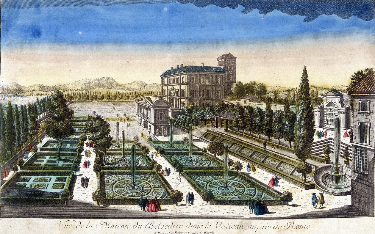 Vista de la Casa Belvedere en el Vaticano, Roma de French School