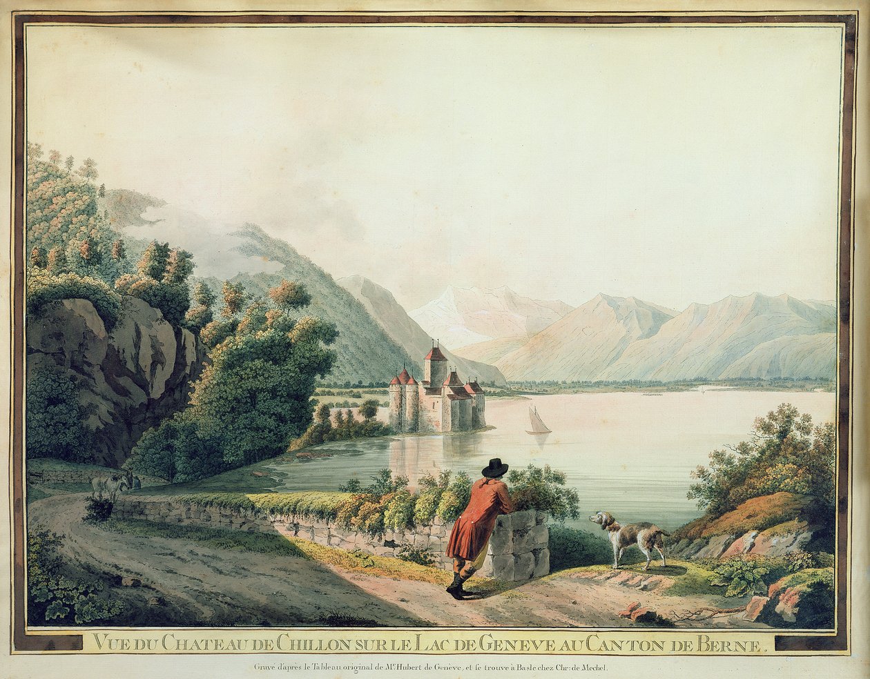Vista del Castillo de Chillon, Lago de Ginebra (aguafuerte coloreado) de French School