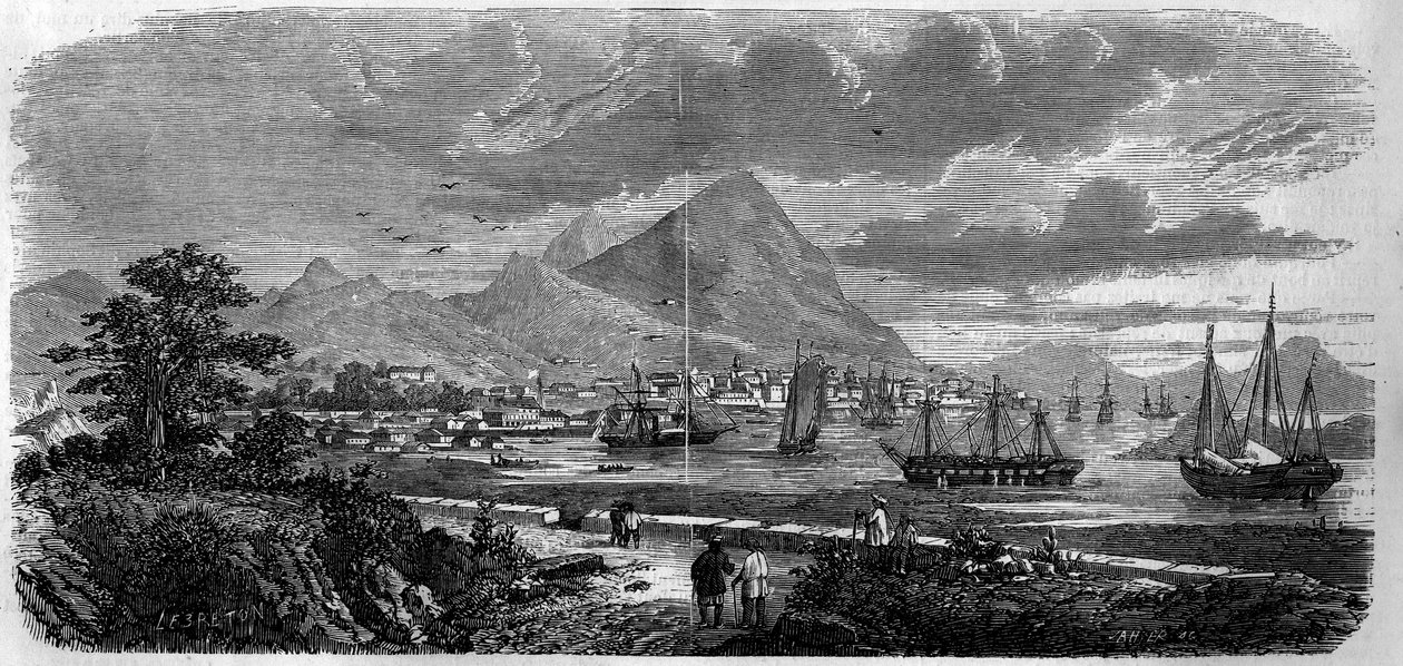 Vista de la ciudad de Hong Kong (Hong Kong) (Isla de la Bahía de Cantón) en 1857. Grabado en "Le Monde Illustré" n°29 del 31 de octubre de 1857. de French School