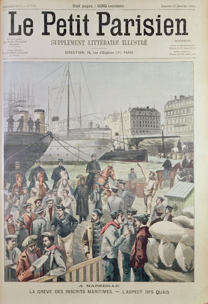 Vista de los muelles en Marsella durante la huelga marítima, de la portada de Le Petit Parisien, 21 de diciembre de 1902 de French School