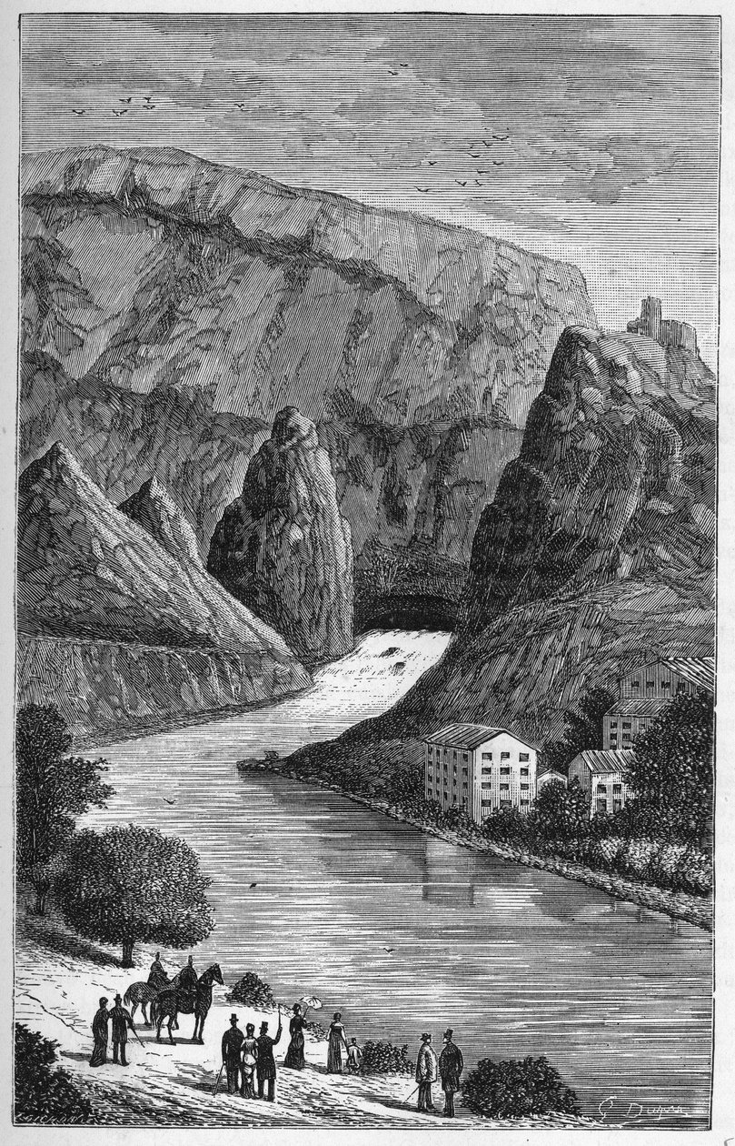 Vista de la Fontaine du Vaucluse en el departamento de Vaucluse, región Provenza-Alpes-Costa Azul - Grabado en “Ciencias al alcance de todos: física y química” por Alexis Clerc - Finales del siglo XIX - Colección privada de French School