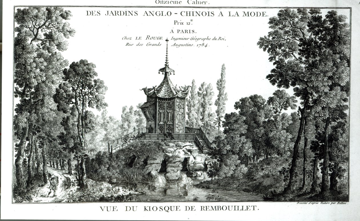 Vista del quiosco en Rambouillet, de Jardins Anglo-Chinois a la mode por George Louis le Rouge, publicado en 1775-78 de French School