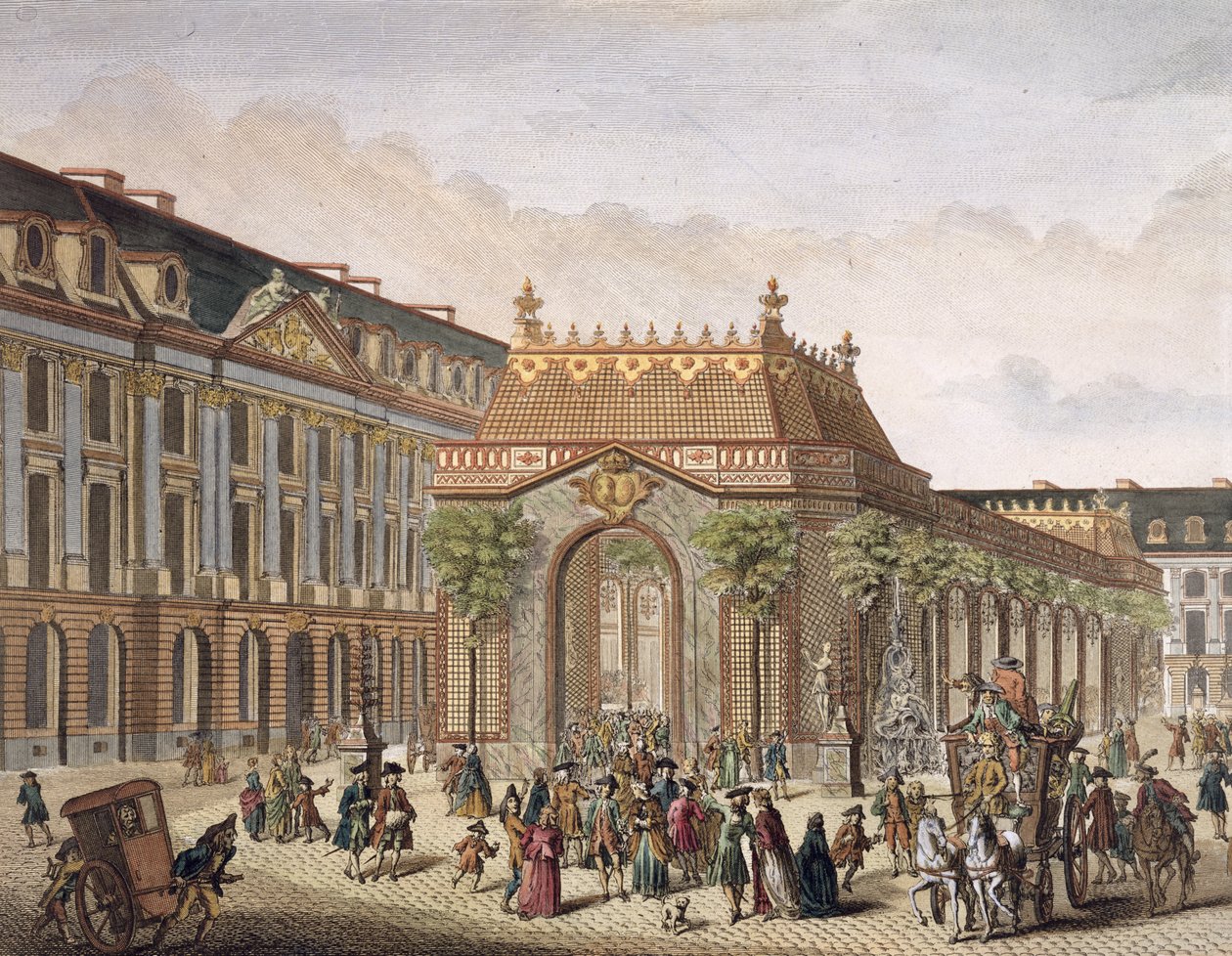 Vista de la Place de Louis le Grand, con una de las salas construidas con motivo del matrimonio de Monseigneur le Dauphin (detalle) (grabado en color) de French School
